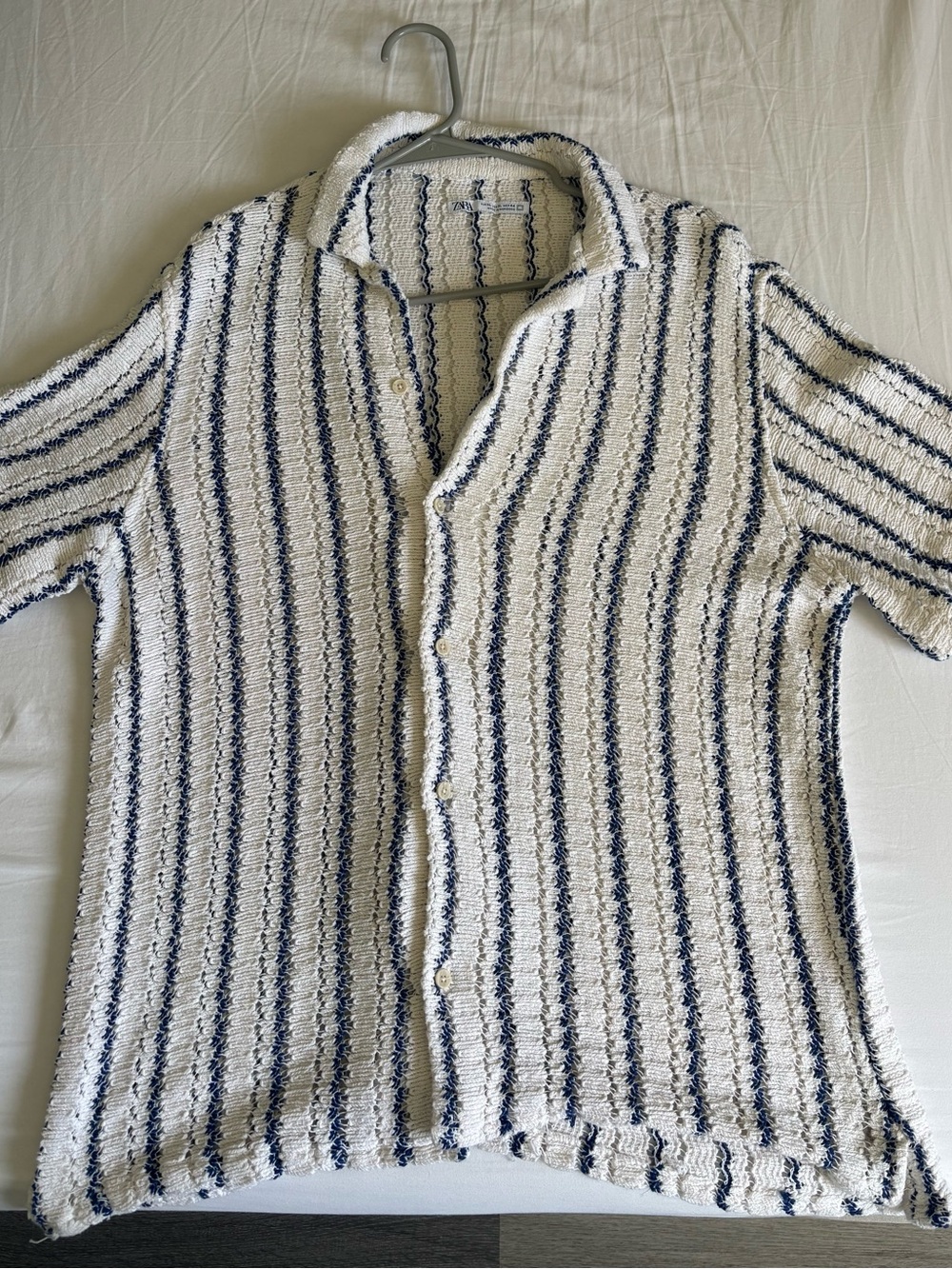 ZARA Men’s Striped Knit Short-Sleeve Sweater Shirt - White & Navy
